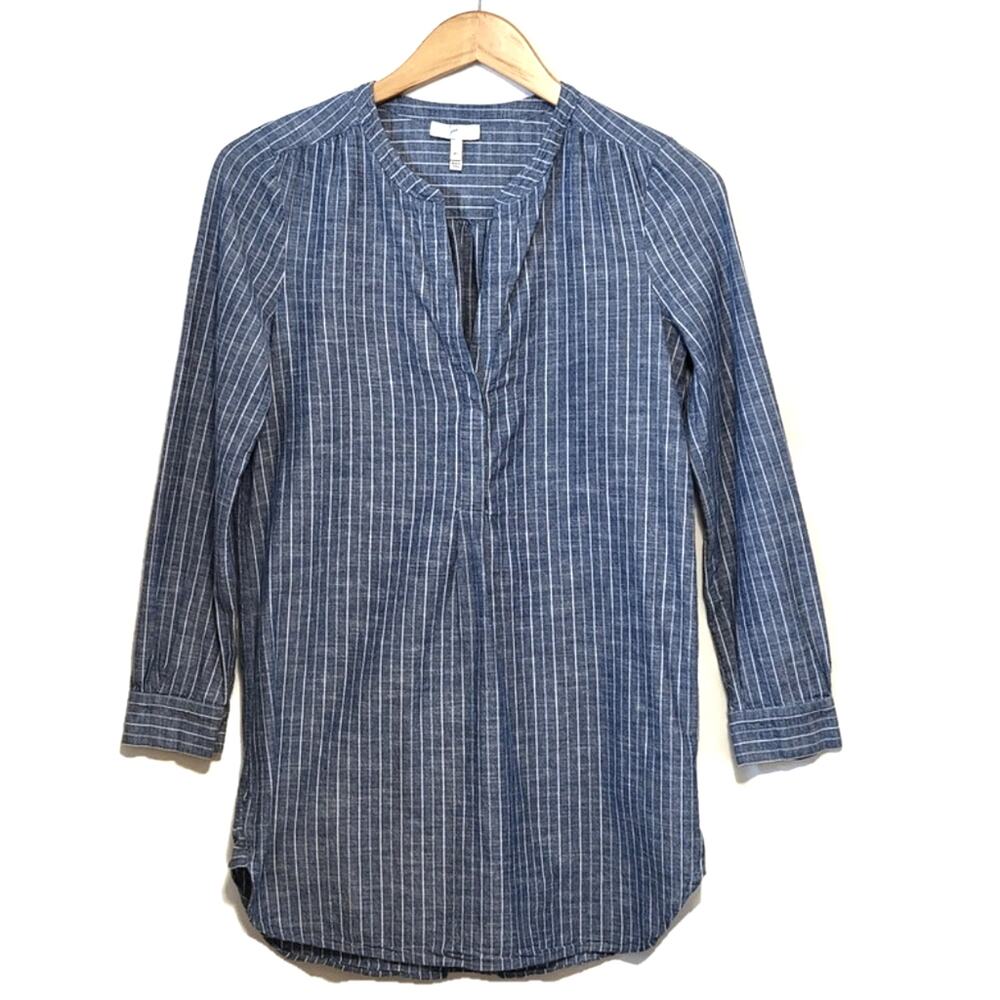 Joie Blue and White Stripe Tunic Mini Dress V Neck Long Sleeve Chambray Size XS